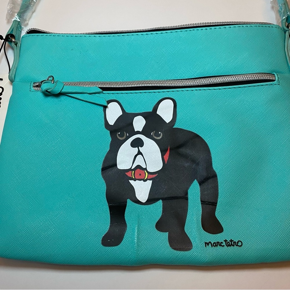 Marc Tetro Teal French Bulldog Crossbody Bag. Size 8.5x10.5 21 inch drop